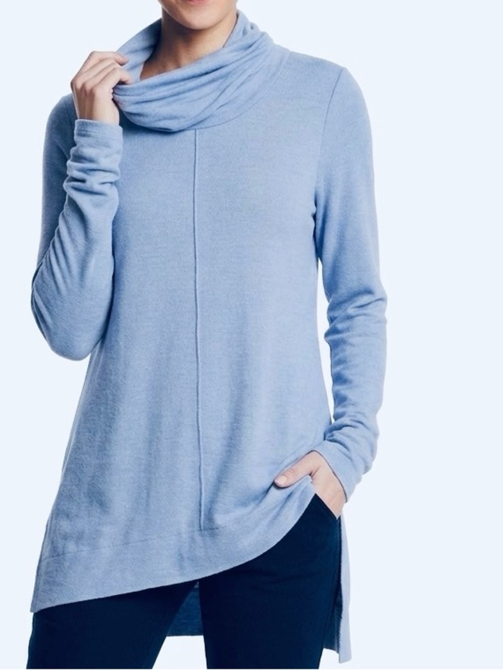 CUPIO Flowy & Flattering French Blue Cowl Neck Sweater w High Low Hem Side Slits
